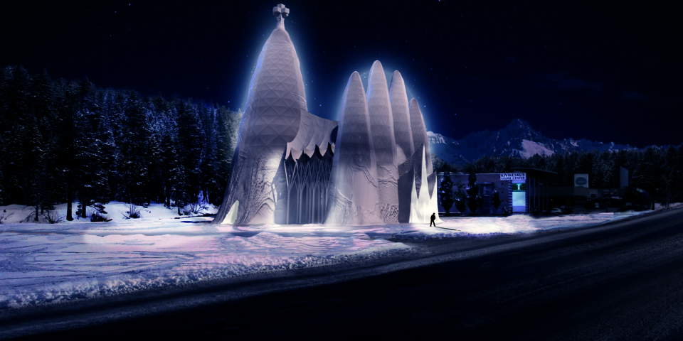 Impressie van de Sagrada Familia van ijs 's nachts.