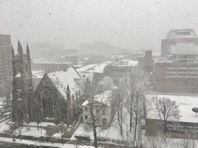 Uitzicht vanuit thuis tijdens sneeuwstorm Stella, de universiteit was gesloten. Uitzicht vanuit thuis tijdens sneeuwstorm Stella, de universiteit was gesloten.