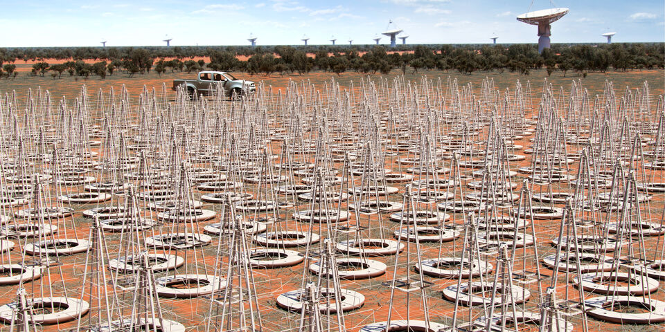 Artist's impression van een te realiseren veld vol antennes. Illustratie | SKA Organisation