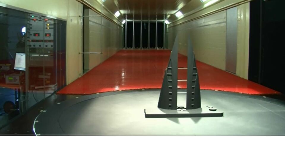 Model van het Bahrein WTC in de windtunnel.