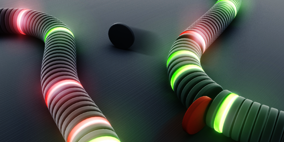 Artist impression van de reactie die de onderzoekers met de nieuwe techniek wisten op te helderen: het uitwisselen van onderdelen tussen strengen die groen en roodgekleurde componenten bevatten. Bron: ICMS Animation Studio